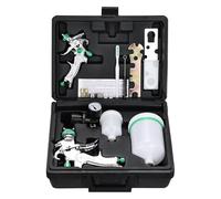 Hanured® Kit de Pistolets pulvérisateurs HVLP, 2 Pistolet a Peinture avec Buses de 0,8 mm et 1,4 mm, Godets de 125 ML et 600 ML, Manomètre de régulation, pour Peinture Automobile, apprêt et Finition