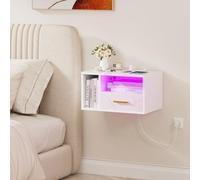 HaodaCulture Table de Chevet Murale LED, Chevet de lit, d'appoint avec Station de Charge, Table de Nuit Suspendue, 16 Couleurs LED RVB, 2 Prises CA, 2 Ports USB, Blanc 46.5x30x25.5cm