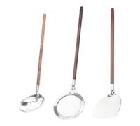 Haodream Lot de 3 ustensiles de cuisine pratiques avec | Poignée en bois, louche à soupe, écumoire, passe au lave-vaisselle, facile à utiliser, convient pour la cuisine quotidienne