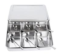 Haofy Boîte d'assaisonnement en acier inoxydable, récipient de stockage de condiments avec 6 grilles, ensemble de récipient à épices avec cuillères ustensiles de cuisine