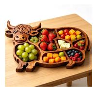 Haofy Plateau de Collation en Bois, Planche de Charcuterie en Pin Poli à la Main avec 3 Compartiments et Fente pour Cure-dents, Plateau de Service en Forme de Vache de 32 X 28 Cm pour les Fêtes, les