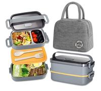Haoh Bento Lunch Box avec Sac Lunch, 1100ml 2 Etages Boite Repas avec Compartiments Inox, Hermétique Boîtes Bento pour Pique Nique, Travail, Goûter, Ecole(Gris)