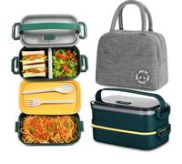 Haoh Bento Lunch Box Kit, 1600ml Double Couche Boite Repas avec Couverts e Sac Isolant, Hermétique Boîtes Bento pour Pique-Nique, Travail, Goûter, Boîte à Lunch Micro Ondes(Vert foncé)