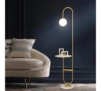 HAOJIazx Lampadaire arc moderne de 60 po avec étagère, lampe sur pied dorée avec abat-jour en verre et base en marbre É