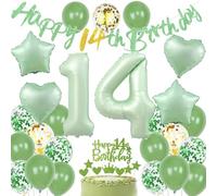Haosell Ballons 14 Ans Anniversaire Vert Avocat, Décoration Anniversaire Fille Garçon, Kit 14 Ans avec Bannière, Ballon Numéro 14, Étoiles, Cœurs, Latex et Confettis
