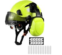 HaoYiShang Casque de sécurité industrielle avec visière, protège-oreilles, cache-oreilles, casque de sécurité ventilé, approuvé par l'OSHA, protection de la tête, certifié vert, double lunettes UK