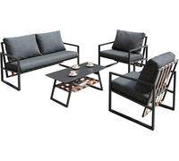 Happiq Ensemble de salon de jardin 4 pièces pour l'extérieur - Canapé avec table & coussins - Housses amovibles - Courroies PVC rétro & cadre en acier galvanisé - Gris