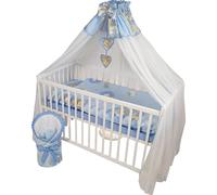 HAPPY 12 pièces lit bébé lit et literie set complet réglable en hauteur en bois massif pour nouveau-nés et jeunes enfants (bleu ours en peluche sur échelle)