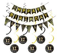 Happy 12th Birthday bannière +drapeaux triangulaires Happy Birthday guirlandes+ 12 ans anniversaire set de décoration à suspendre spirales, noir or 12 ans anniversaire décoration pour fille garcon