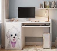 Happy B04 Bureau d'ordinateur pour enfants | Bureau d'écolier blanc mat | Bureau compact avec tiroir pour clavier pour filles et garçons, chien avec nœud