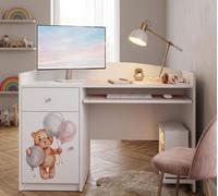 Happy B04 : bureau d'ordinateur pour enfants | Bureau d'écolier blanc mat | Bureau compact avec tiroir pour clavier, pour filles et garçons, avec des oursons