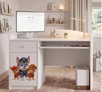 Happy B04 Bureau d'ordinateur pour enfants | Bureau d'écolier blanc mat | Bureau compact avec tiroir pour clavier pour filles et garçons, trois chiens, garçon