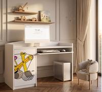 Happy B04 : bureau d'ordinateur pour enfants | Bureau d'écolier blanc mat | Bureau compact avec tiroir pour clavier, pour filles et garçons, motif pelleteuse
