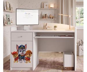 Happy B04 Bureau d'ordinateur pour enfants | Bureau d'écolier blanc mat | Bureau compact avec tiroir pour clavier pour filles et garçons, trois chiens, garçon