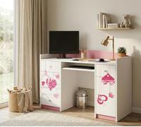 Happy Babies Bureau avec tablette clavier Bureau enfant 125x89x60 Bureau PC fille avec tablette clavier blanc rose Table informatique motif cœur