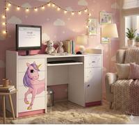 Happy Babies Bureau pour chambre d'enfant 125x89x60 blanc rose Bureau PC avec tablette clavier Table d'ordinateur avec tiroirs motif licorne