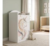 Happy Babies Commode pour enfant blanche avec 3 tiroirs, commode à tiroirs avec beau imprimé, commode à linge pour chambre d'enfant, chambre de bébé, unisexe, n° 387