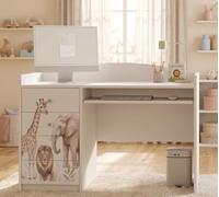 Happy Babies Grand bureau pour enfant, blanc, 125 x 60 cm, avec 4 tiroirs, bureau d'étudiant pour garçons et filles, table d'apprentissage avec motif au choix (n° 378)