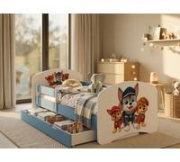 Happy Babies HAPPY- Lit d'enfant 140 x 70 avec protection antichute & coffre de lit Lit avec matelas 70x140 Blanc Lit pour chambre d'enfant