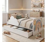 Happy Babies Lit bébé nuage 160 x 80 cm blanc - Motif arc-en-ciel - Ensemble complet avec matelas, tiroir et protection contre les chutes - Design arc-en-ciel (n° 424)