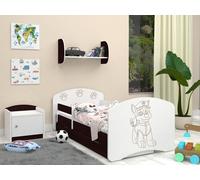 Happy Babies Lit de chambre 140x70 cm avec matelas antichute et tiroirs Lit confortable pour enfants Wengé Chien gravé