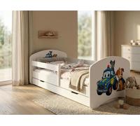 Happy Babies Lit d'enfant - avec protection antichute garçon 140x70 fille, lit pour chambre d'enfant avec tiroir & matelas lit simple pour enfants enfants motif chien, images mignonnes (Patrolowe pies