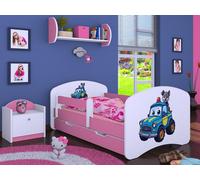 Happy Babies Lit d'enfant - avec protection antichute garçon 140x70 fille, lit pour chambre d'enfant avec tiroir & matelas lit simple pour enfants enfants motif chien, images mignonnes (Rose) (Nr 1)