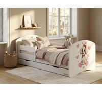 Happy Babies Lit d'enfant - avec protection antichute garçon 140x70 fille, lit pour chambre d'enfant avec tiroir & matelas lit simple pour enfants enfants motif chien, images mignonnes (Piesek z czero