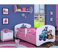 Happy Babies lit d'enfant - avec protection antichute garçon 140x70 fille, lit pour chambre d'enfant avec tiroir & matelas lit simple pour enfants enfants motif chien, images mignonnes (rose) (Nr 2)