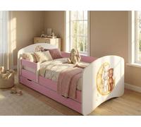 Happy Babies Lit d'enfant - avec protection antichute garçon 140x70 Lit pour chambre d'enfant avec tiroir & matelas Lit individuel pour enfant blanc/rose Lapin Ourson (Rose)