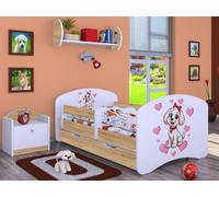 Happy Babies Lit d'enfant - avec protection antichute garçon 140x70 Lit pour chambre d'enfant avec tiroir & matelas Lit simple pour enfant Or - Thème chien (Piesek z czerwona kokarda)