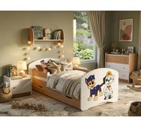 Happy Babies Lit enfant avec protection antichute garçon 140x70 Lit pour chambre d'enfant avec matelas à tiroir Lit individuel pour enfant bleu motif chien