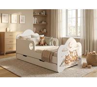 Happy Babies Lit pour enfant 144 x 82 cm avec tiroir, matelas et sommier à lattes flexibles, blanc, protection contre les chutes - Licorne, pour une fille, lit junior (n° 432)
