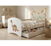Happy Babies Lit pour enfant avec protection contre les chutes - 140 x 70 cm - Pour chambre d'enfant - Avec tiroir - Matelas - Blanc avec motif dinosaures - Protection contre les chutes (chêne Sonoma