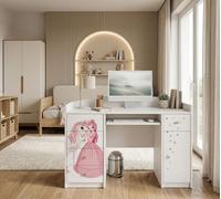 Happy Babies Table d'ordinateur avec support de clavier, table de bureau avec support de clavier, 5 tiroirs, 1 étagère, 125x89x60, blanc, motifs, autocollants au choix,