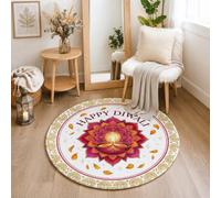Happy Diwali Mandala Diya Tapis rond 0,9 m | Lampe Diya, tapis circulaire, mandala floral, célébration festive, salon, vacances culturelles