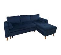 Happy Garden Canapé d'angle Convertible James 3 Places en Velours Bleu. Canapé au Style scandinave avec méridienne réversible et Coffre de Rangement.