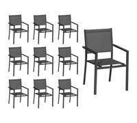 Happy Garden Lot de 10 chaises empilables en Aluminium Anthracite et textilène Gris