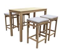 Happy Garden Mange Debout Aruba en Acacia avec Coussins Sable. Table Haute et tabourets d'extérieur pour 4 Personnes.