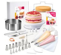 Happy Lemuro - Kit décoration gâteau avec Plateau tournant, Cercle à gâteau, Lyre Coupe-gâteau, Douilles INOX et Poche à Douille - Set d’Accessoires pâtisserie Polyvalent
