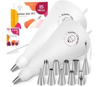 Happy Lemuro - Lot de 15 pièces, 2 poches à douille en coton 35 & 40 cm avec grandes douilles inox - Kit de décoration pâtisserie réutilisable et lavable