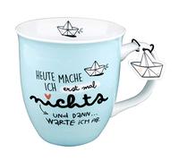 Happy Life Tasse avec motif de bus et message Version française non garantie, Porcelaine, bleu, 40 cl