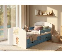 Happy Lit junior 144 x 82 cm avec coffre de lit | Lit enfant avec protection contre les chutes | Décor bleu pour chambre d'enfant | Lit complet stable | Voitures (n° 99)