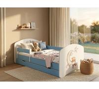 Happy Lit junior 144 x 82 cm avec coffre de lit | Lit enfant avec protection contre les chutes | Décor bleu pour chambre d'enfant | Lit complet stable | Voitures (n° 94)