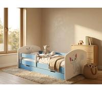 Happy Lit junior 144 x 82 cm avec coffre de lit | Lit enfant avec protection contre les chutes | Décor bleu pour chambre d'enfant | Lit complet stable | Voitures (n° 12)