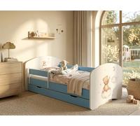 Happy Lit junior 144 x 82 cm avec coffre de lit | Lit enfant avec protection contre les chutes | Décor bleu pour chambre d'enfant | Lit complet stable | Voitures (n° 97)