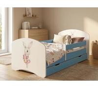 Happy Lit junior 144 x 82 cm avec coffre de lit | Lit enfant avec protection contre les chutes | Décor bleu pour chambre d'enfant | Lit complet stable | Voitures (n° 91)