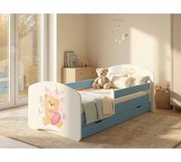Happy Lit junior 144 x 82 cm avec coffre de lit | Lit enfant avec protection contre les chutes | Décor bleu pour chambre d'enfant | Lit complet stable | Voitures (n° 7)