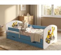 Happy Lit junior 144 x 82 cm avec coffre de lit | Lit enfant avec protection contre les chutes | Décor bleu pour chambre d'enfant | Lit complet stable | Voitures (n° 71)