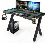 Happyment Gaming Bureau Deluxe - Avec éclairage LED RGB - Gaming Desk - Porte-casque & boissons - Noir - 120x60x73cm